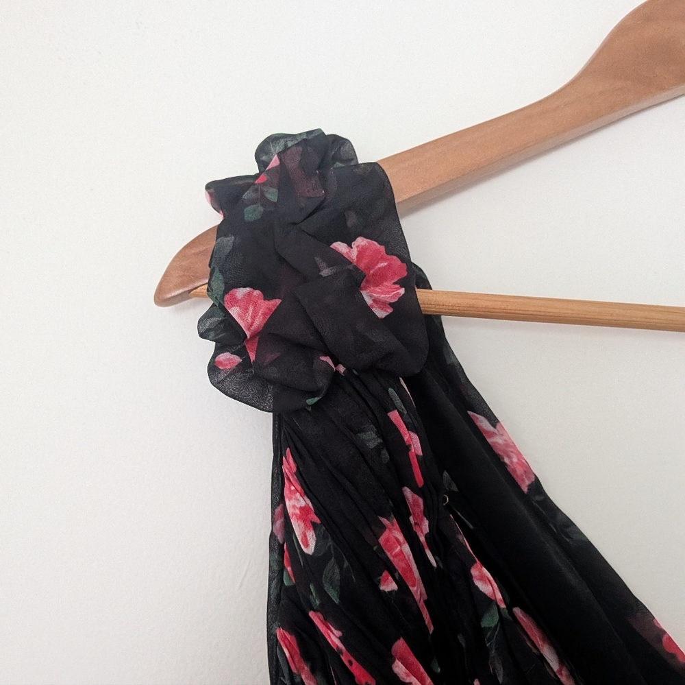 NWT! Mac Duggal Black One Shoulder Ruffled Rose Print Layered High-Low Dress - Picture 11 of 12